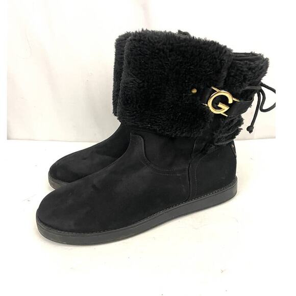 G by Guess Fur Lined Black Boots Sz 11 Faux Suede Booties | Gold Accent - Picture 1 of 10